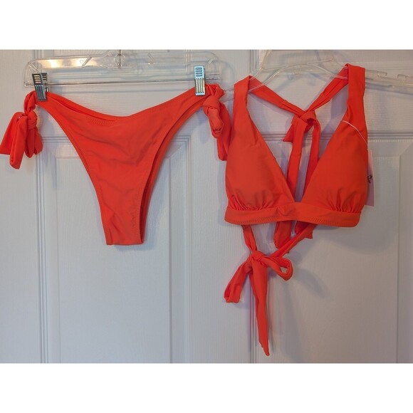 Beachsissi Swim String Bikini Neon Orange Size XL High Cut Triangle Halter Top - Picture 2 of 10